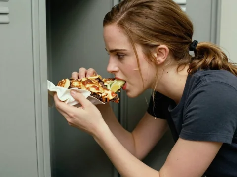 Woman Eating Pizza Near Lockers
