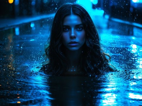 Woman Emerging from Water in Neon Blue Night