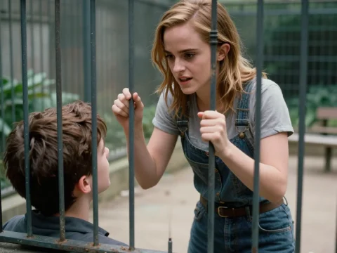 Woman Engaging with Boy Through Metal Bars in Outdoor Setting