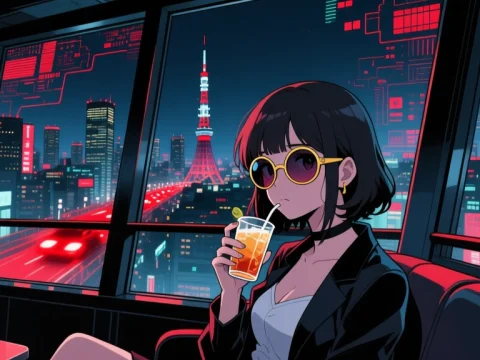Woman Enjoying Drink in Futuristic Tokyo Night