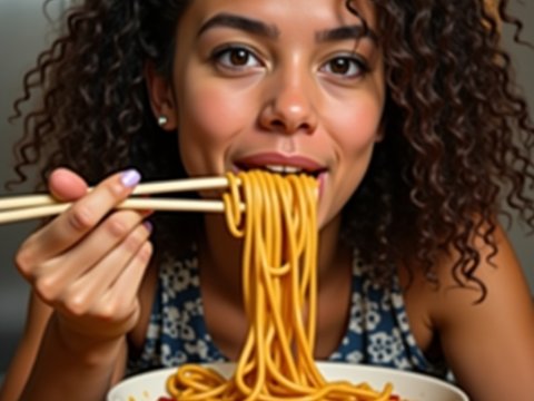 Woman Enjoying Noodles with Chopsticks