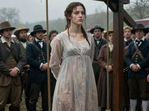 Woman Facing Execution at Gallows in Historical Setting