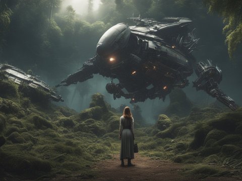 Woman Facing Futuristic Spaceship in Mystical Forest