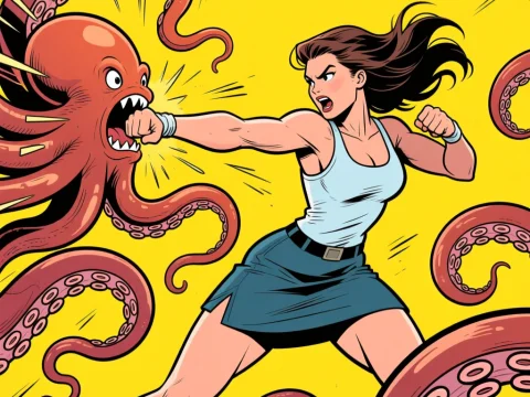 Woman Fighting Tentacles in Dynamic Comic Style