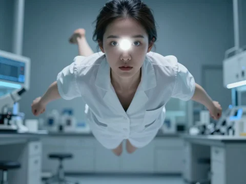 Woman Floating in Medical Lab with Headlamp