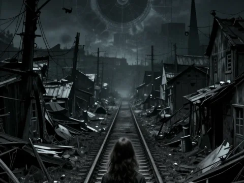 Woman Gazing Down Abandoned Railway in Dark Lovecraftian Town