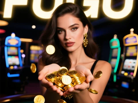 Woman Holding Gold Coins in Casino with Neon Lights
