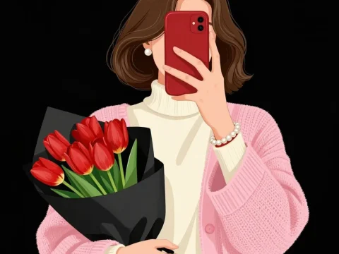 Woman Holding Red Tulips Taking a Selfie