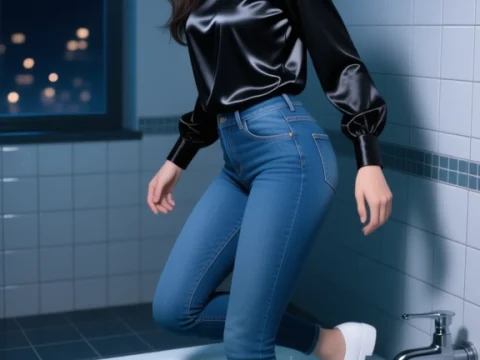 Woman in Bathtub Wearing Casual Outfit at Night
