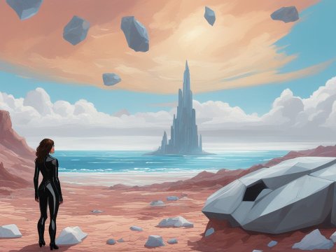 Woman in Futuristic Landscape with Tower and Floating Rocks