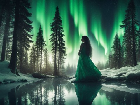 Woman in Green Dress Under Northern Lights in Snowy Forest