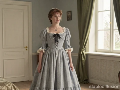 Woman in Historical Dress Standing in Elegant Room