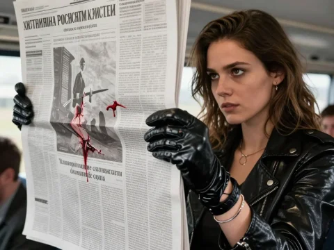 Woman in Leather Gloves Holding Blood-Stained Newspaper