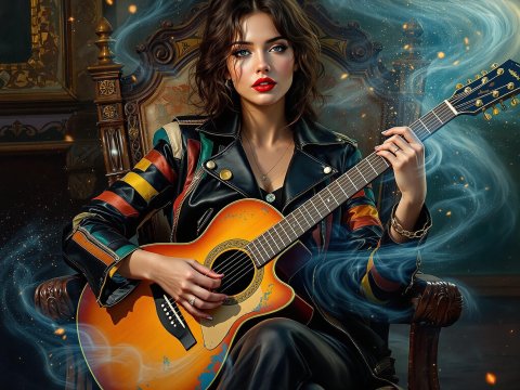Woman in Leather Jacket Playing Acoustic Guitar with Mystical Smoke