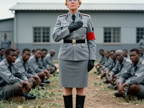 Woman in Military Uniform Standing Among Seated Men