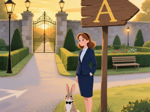 Woman in Navy Suit with Rabbit at Garden Entrance
