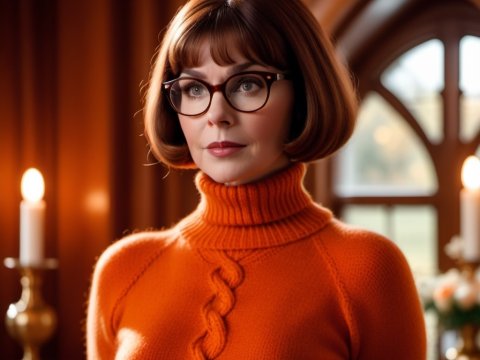 Woman in Orange Turtleneck Sweater with Glasses in Cozy Room