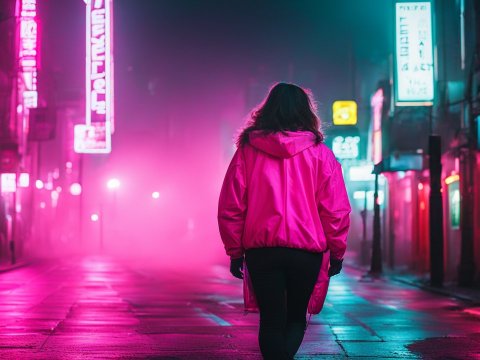 Woman in Pink Jacket Walking Through Neon-Lit Foggy Street