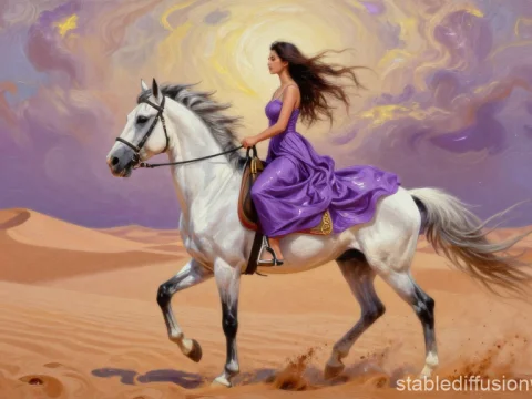 Woman in Purple Dress Riding White Horse Through Desert