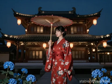 Woman in Red Kimono Holding Umbrella at Night in Traditional Asian Setting
