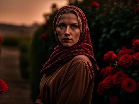 Woman in Red Scarf Among Vibrant Roses at Dusk