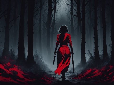 Woman in Red Walking Through Dark Forest with Blades