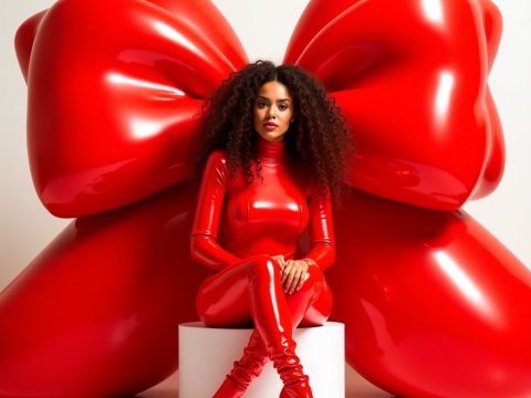 Woman in Shiny Red Outfit with Giant Red Bow