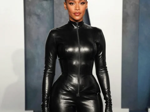 Woman in Sleek Black Leather Outfit at Event