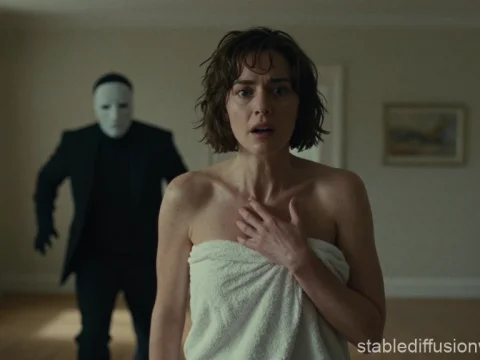 Woman in Towel Chased by Masked Figure