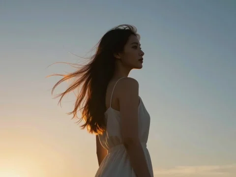 Woman in White Dress at Sunset
