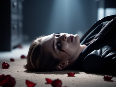 Woman Lying on Floor with Rose Petals and Tear of Blood