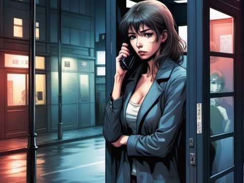 Woman Making a Phone Call in a Nighttime Urban Phone Booth