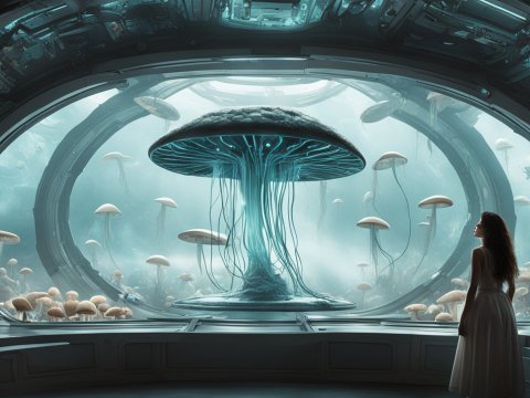Woman Observing Giant Bioluminescent Mushroom in Futuristic Dome