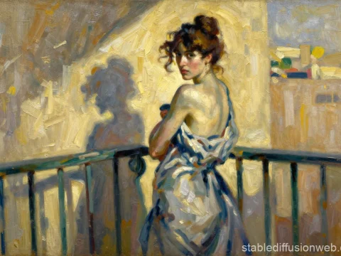 Woman on Sunlit Balcony in Impressionist Style