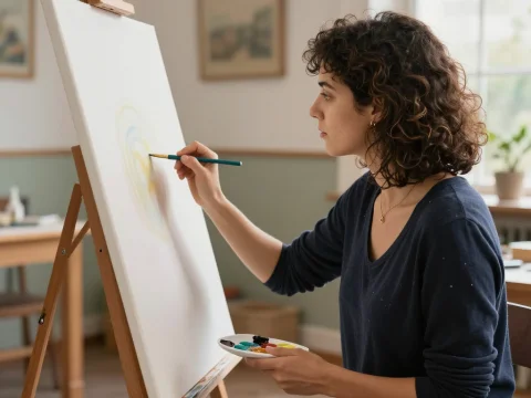 Woman Painting Abstract Art on Canvas in Studio