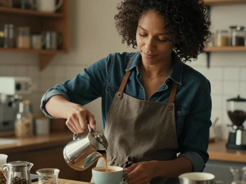 Woman Pouring Coffee in Cozy Kitchen