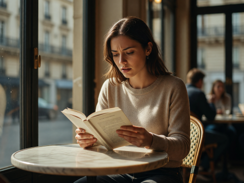 Woman Reading a Book in a Sunlit Parisian Café