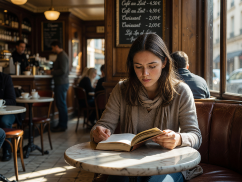 Woman Reading a Book in a Sunlit Parisian Cafe