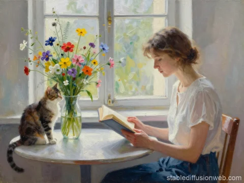Woman Reading by Window with Cat and Flowers