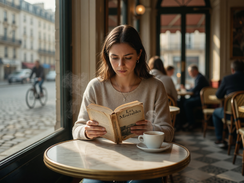 Woman Reading Les Misérables in a Sunlit Paris Cafe