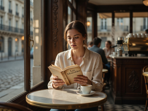 Woman Reading Les Misérables in a Sunlit Parisian Café