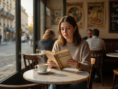 Woman Reading Les Misérables in a Sunlit Parisian Café
