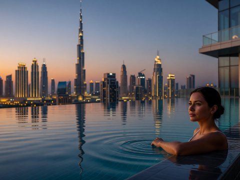 Woman Relaxing in Infinity Pool Overlooking Dubai Skyline at Dusk