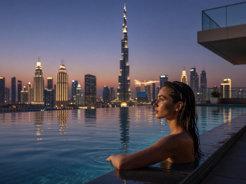 Woman Relaxing in Infinity Pool Overlooking Dubai Skyline at Dusk