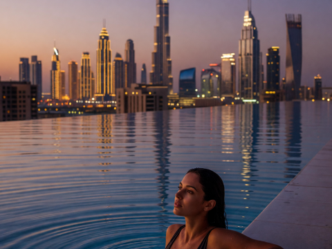 Woman Relaxing in Infinity Pool with Dubai Skyline at Dusk