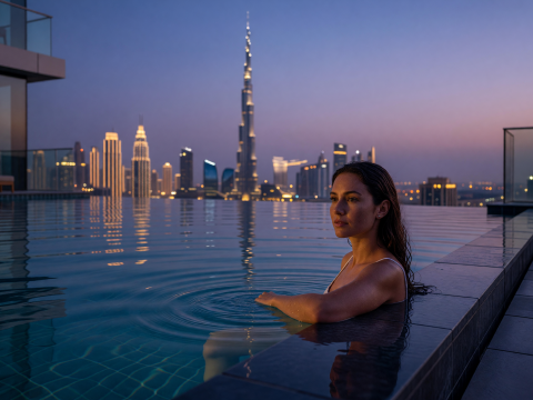 Woman Relaxing in Infinity Pool with Dubai Skyline at Dusk