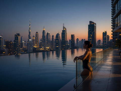 Woman Relaxing in Rooftop Infinity Pool at Dusk in Dubai