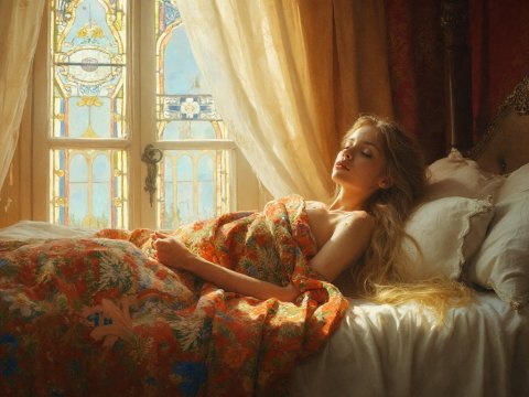 Woman Resting in Sunlit Vintage Bedroom