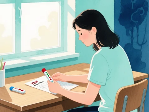 Woman Reviewing Blood Test Results at Desk