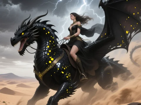Woman Riding a Black Dragon in a Stormy Desert
